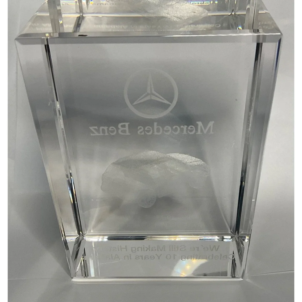 MERCEDES BENZ 3D PAPERWEIGHT CRYSTAL GLASS LASER ETCHED 10 YEAR ALABAMA HISTORY